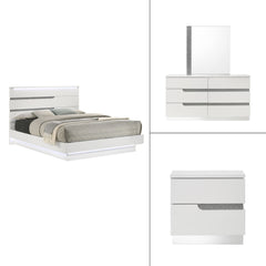 The Paradox 4 Piece Platform Bedroom Set in White is the epitome of modern elegance and functional design. This set includes a platform bed along with a dresser, mirror, and nightstand. The gleaming white gloss laminate finish offers a sleek, contemporary