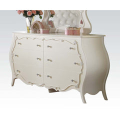 Create the dream bedroom for your little girl with Edalene collection. Beautiful accents are seen throughout including clear rosette knobs and tapered legs. The bed features a pearl white tufted headboard. With many storage options and details like floral