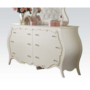 Create the dream bedroom for your little girl with Edalene collection. Beautiful accents are seen throughout including clear rosette knobs and tapered legs. The bed features a pearl white tufted headboard. With many storage options and details like floral