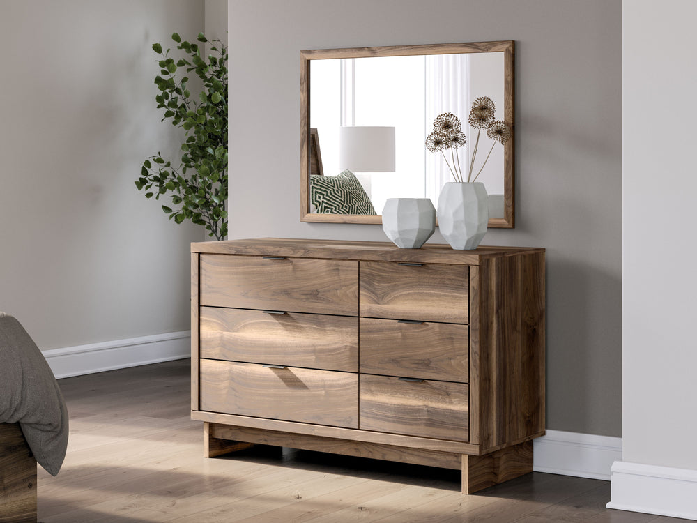 Nostalgic style, retooled for todayÐ²Ð‚â„¢s trends. This dresser with mirror puts an elevated twist on mod aesthetics. Its warm brown tones reflect the mid-century vibes you love, while the angular base incorporates contemporary motifs. Integrated drawer 