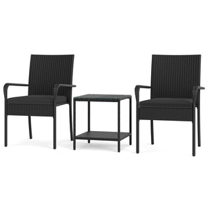 Crafted from appealing and long-lasting PE rattan<br>Comfortable to sit with ergonomic backrest and armrests<br>Soft seat cushions bring more coziness<br>Zippered cushion covers for simple maintenance<br>Side table with 2-tier design for more storage spac