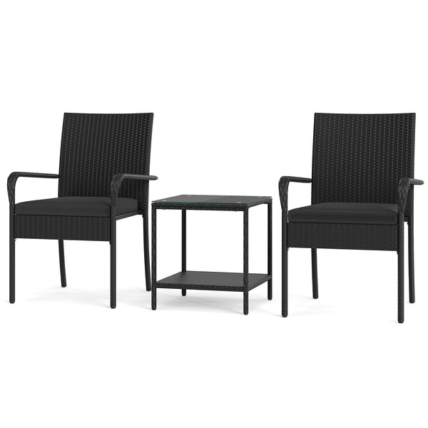 Crafted from appealing and long-lasting PE rattan<br>Comfortable to sit with ergonomic backrest and armrests<br>Soft seat cushions bring more coziness<br>Zippered cushion covers for simple maintenance<br>Side table with 2-tier design for more storage spac