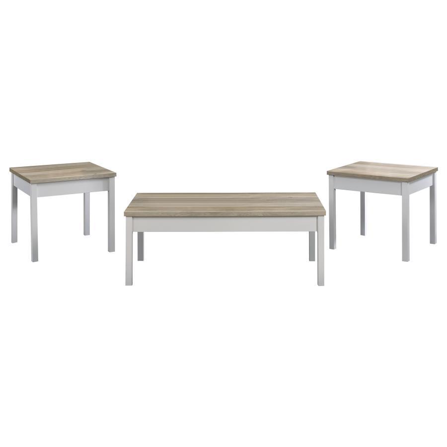 An updated version of farmhouse style is soft and easy on the eyes as this three-piece wood coffee table set is a viable option for your family room or living room. Casual and yet nicely designed, this set offers a versatile finish palette of distressed p