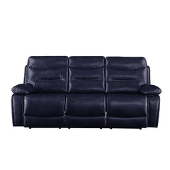 The Aashi motion sofa set is upholstered in soft leather-gel match in an unusual yet subtle navy color. Horizontal tufting on the backrest cushions add some style to this set, while the pillow top armrests ensure total comfort when you nestle into the poc