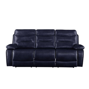 The Aashi motion sofa set is upholstered in soft leather-gel match in an unusual yet subtle navy color. Horizontal tufting on the backrest cushions add some style to this set, while the pillow top armrests ensure total comfort when you nestle into the poc
