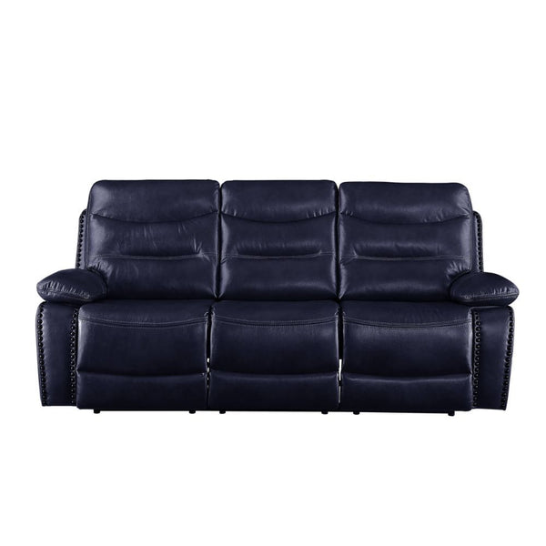 The Aashi motion sofa set is upholstered in soft leather-gel match in an unusual yet subtle navy color. Horizontal tufting on the backrest cushions add some style to this set, while the pillow top armrests ensure total comfort when you nestle into the poc