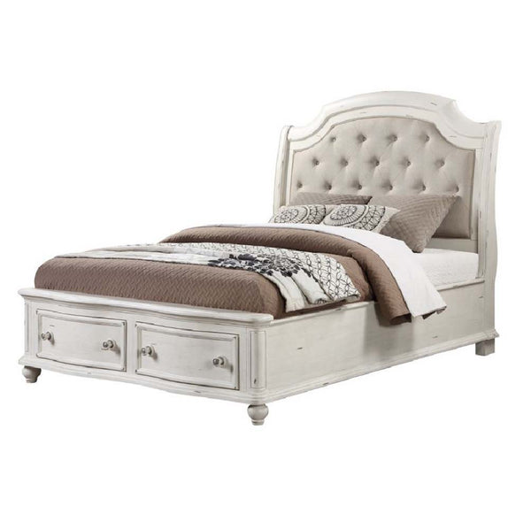 Jaqueline - Ek Bed With Storage - Light Gray Linen & Antique White Finish