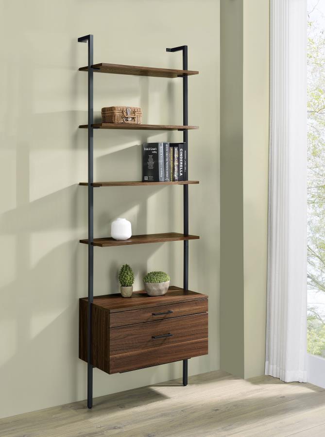 Play up the light, airy ambiance of a modern space while making use of every inch with a modern wall bookcase. It features four floating upper shelves and a lower case with two drawers, perfect for a blend of storage and display in any room. The shelves a