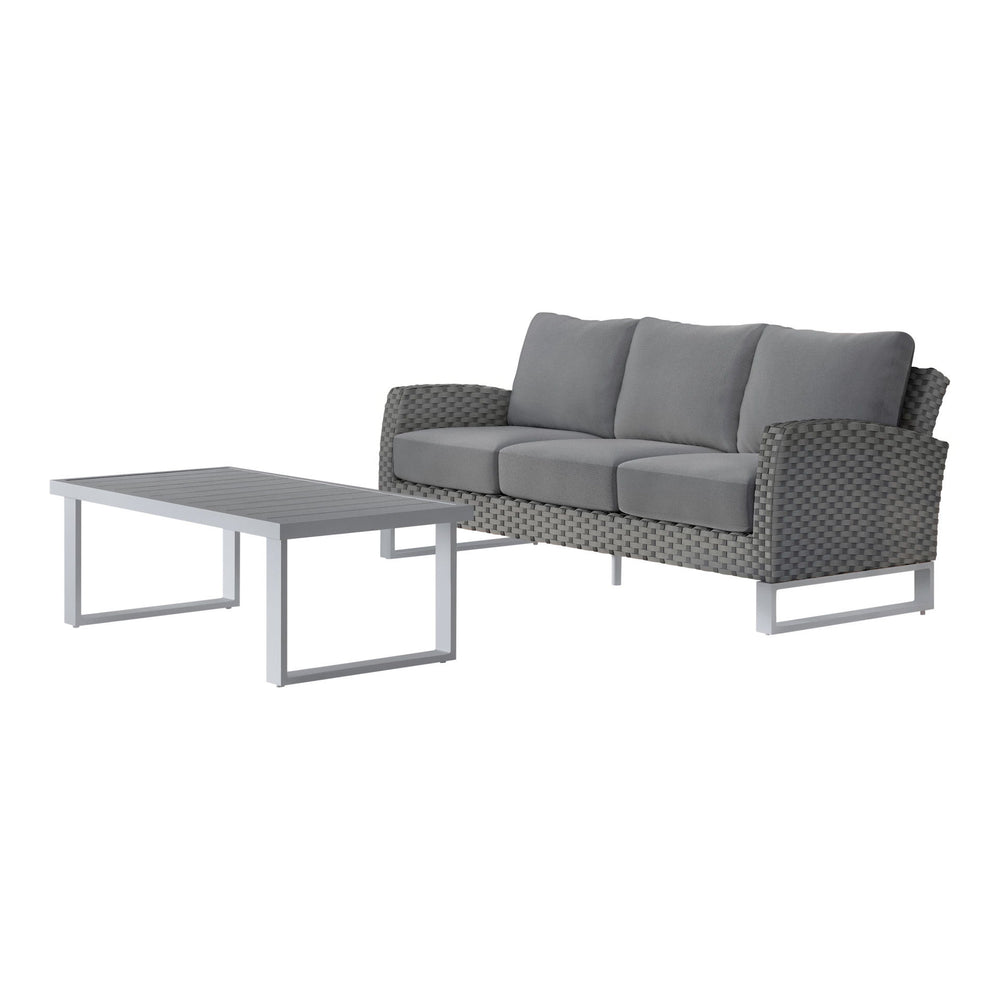 Revitalize your outdoor space with the Fiji 2 Piece Set, featuring a 3-Seater Sofa in Gray and a matching Coffee Table. Built to last, the aluminum frames with a powder finish provide a sturdy foundation for your patio set, enhancing its scratch resistanc
