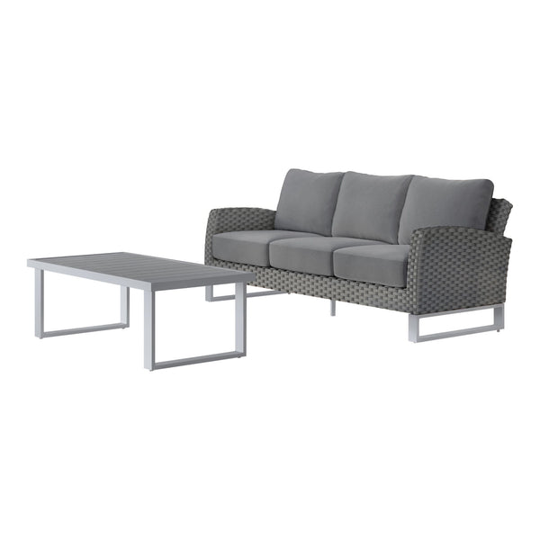 Revitalize your outdoor space with the Fiji 2 Piece Set, featuring a 3-Seater Sofa in Gray and a matching Coffee Table. Built to last, the aluminum frames with a powder finish provide a sturdy foundation for your patio set, enhancing its scratch resistanc