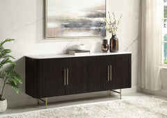 Clayten collection exudes elegance with its rectangular dining table featuring a fixed white marble top and double pedestal base with metal trim. Paired with upholstered chairs and a server with metal legs, this set blends sophistication and contemporary 
