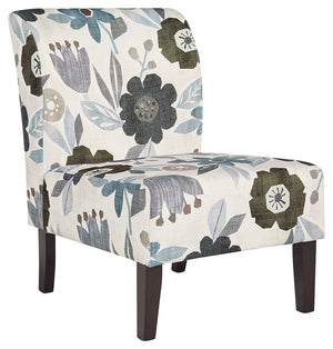This fashion-forward accent chair adds a cool vibe to your home. Armless design is perfect for small spaces that need a spark of color. The ivory, blue, charcoal and brown floral-patterned upholstery will brighten your space and bring in an element of com