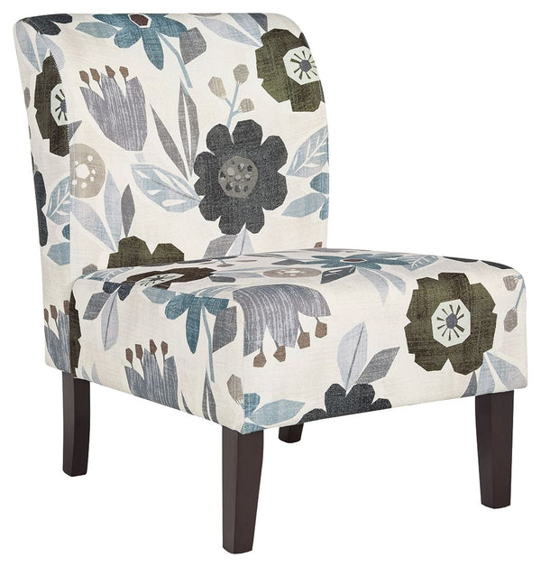 This fashion-forward accent chair adds a cool vibe to your home. Armless design is perfect for small spaces that need a spark of color. The ivory, blue, charcoal and brown floral-patterned upholstery will brighten your space and bring in an element of com