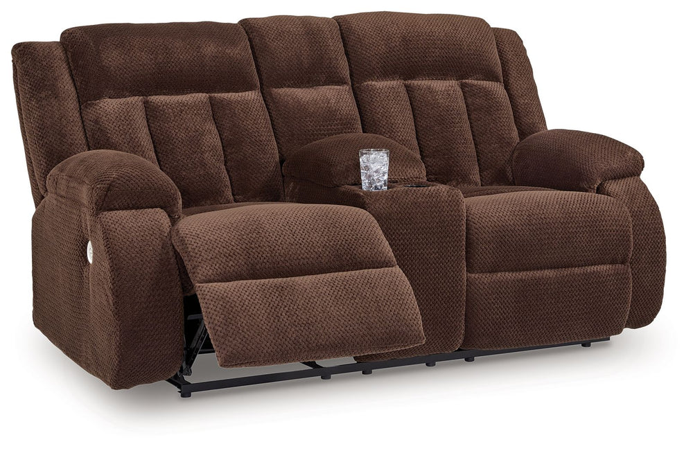 There-'s no need to sacrifice looks for comfortâ€”this power reclining loveseat with console serves up both, plus a richly relaxed sense of style. Its chocolate-hued velvet upholstery is ultra soft, with a plush waffle weave for an added layer of interest