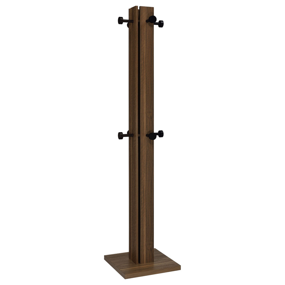 Elevate your homeâ€™s organization with this stylish Mid-Century Modern coat rack. Crafted from durable Asian hardwood, particle board, and metal, this coat rack combines functionality with a sleek design. The walnut melamine paper finish adds a warm, nat