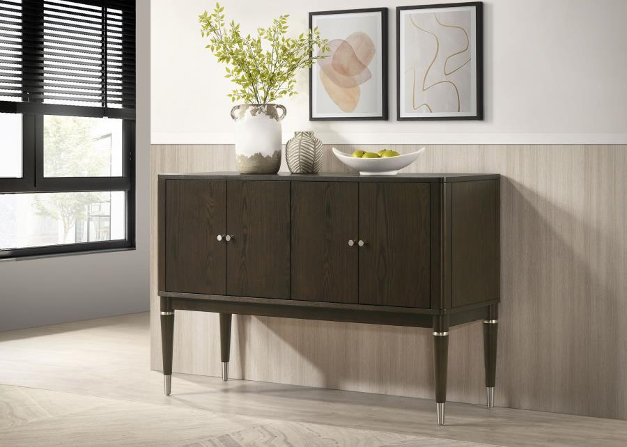 Add both style and functionality to your dining room with this elegant sideboard, finished in a sophisticated ash brown wood tone. The clean-lined design features four cabinet doors that open to reveal spacious shelving, perfect for storing tableware, lin