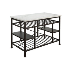 The Lanzo Kitchen Island is equally ideal for counter space or an excellent choice for display with extra storage. Blending contemporary style with industrial charm, the design is both stylish and functional. The metal frame adds a touch of industrial imp