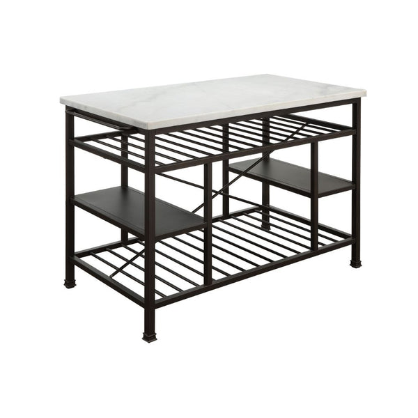 The Lanzo Kitchen Island is equally ideal for counter space or an excellent choice for display with extra storage. Blending contemporary style with industrial charm, the design is both stylish and functional. The metal frame adds a touch of industrial imp