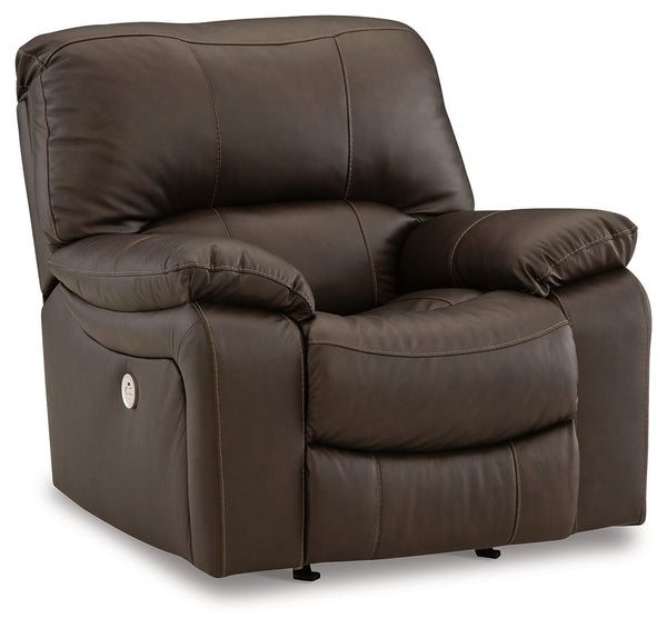 Focus on function. This practical power rocker recliner balances contemporary character and irresistible comfort. Its affordable, expertly matched leather and faux leather upholstery keeps your style up to speed without breaking the bank. Reclining with t
