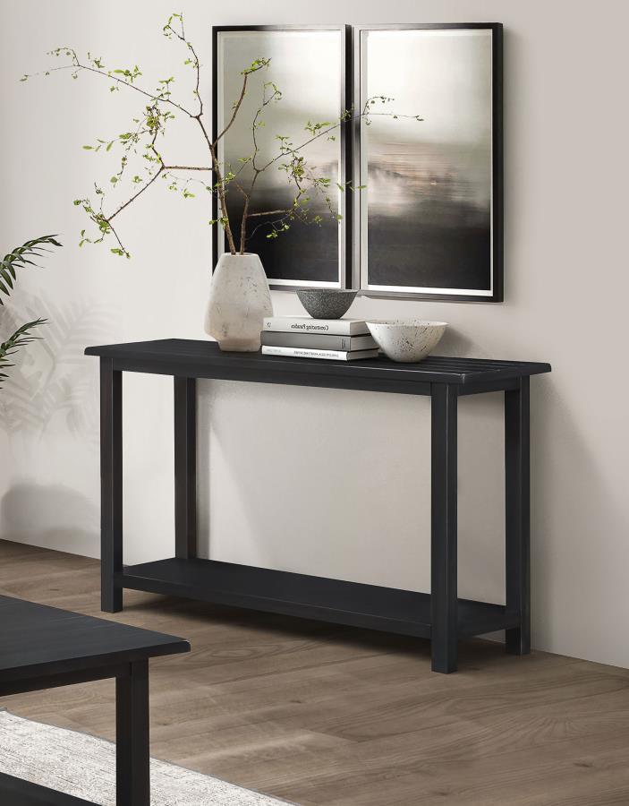 Crafted to complement both entryways and living rooms, this console table showcases a rustic aesthetic and versatile appeal. Fashioned from pine wood and reinforced with engineered wood, its open lower shelf provides ample space for baskets or decorative 