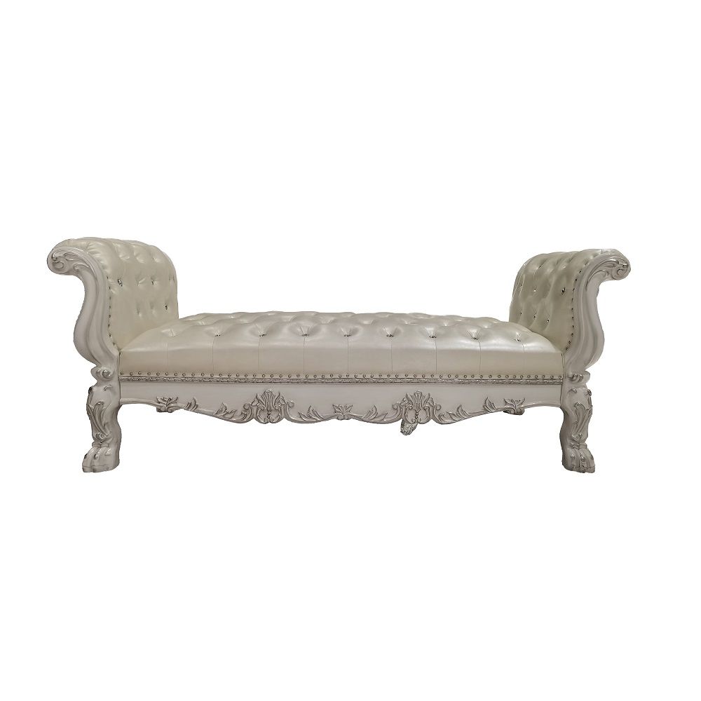 Elegant yet lightheartedly playful, Dresden is donned in an amiable antique white finish with hand-applied burnish over the many layers of stains and finishes that are manually rubbed on, providing depth and character to this classic group. The Rococo sty