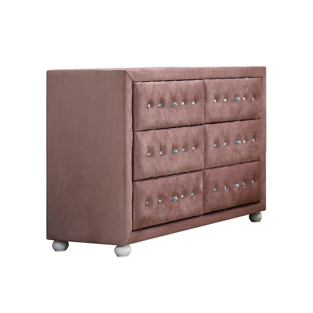 6 Drw Drawer: GLIDE Side Metal (3/4 Ext.), DOVETAIL English, FELT-LINED Not Included, Safety Stop Included, Manual-Close, Hardware: Crystal like Pull Knob CONSTRUCTION] Fully Padded Case-Leg, Inside Frame: Tropical Wood, MDF, Chipboard Wooden Bun-Round Le