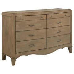 This French Provincial-inspired dresser offers timeless elegance with modern functionality. Crafted from solid poplar, engineered wood, and mango veneer, it showcases a washed mango finish that highlights the natural wood grain. Eight spacious drawers pro