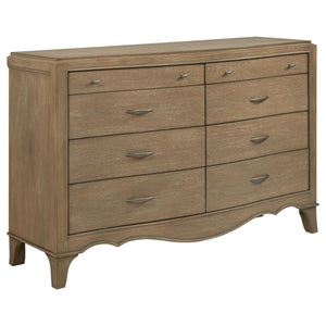 This French Provincial-inspired dresser offers timeless elegance with modern functionality. Crafted from solid poplar, engineered wood, and mango veneer, it showcases a washed mango finish that highlights the natural wood grain. Eight spacious drawers pro