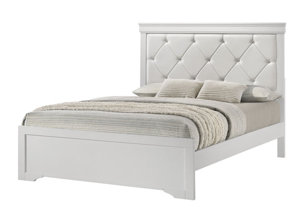 This bedroom set embodies a refined elegance with its crisp white hue and luxurious textures, perfect for creating a serene and sophisticated sanctuary. The centerpiece is a sumptuous bed framed by a headboard with diamond-tufted detailing, offering a tou