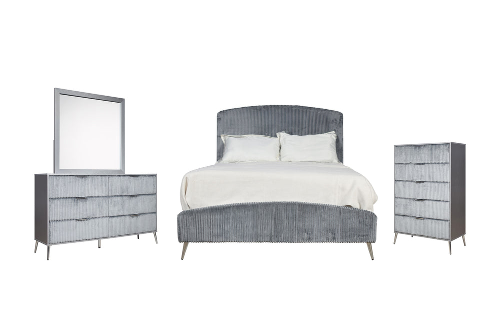 The Kailani 4 Piece Bedroom Set in Gray is a stunning fusion of modern elegance and luxurious comfort. This glamorous set includes an upholstered panel bed, a sleek dresser, a mirror, and a chest, all meticulously crafted to bring sophistication to your b