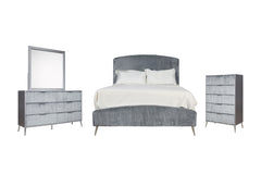 The Kailani 4 Piece Bedroom Set in Gray is a stunning fusion of modern elegance and luxurious comfort. This glamorous set includes an upholstered panel bed, a sleek dresser, a mirror, and a chest, all meticulously crafted to bring sophistication to your b