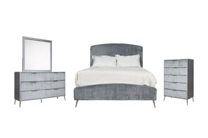 The Kailani 4 Piece Bedroom Set in Gray is a stunning fusion of modern elegance and luxurious comfort. This glamorous set includes an upholstered panel bed, a sleek dresser, a mirror, and a chest, all meticulously crafted to bring sophistication to your b