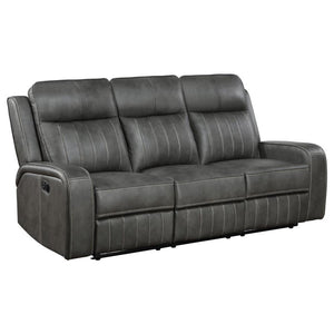 Merging the classic style of both contemporary and transitional design schemes, the motion sofa creates a dreamy venue for relaxing and entertaining. Choose a pleasing motion sofa covered in smooth grey leatherette upholstery with vertical topstitching ad