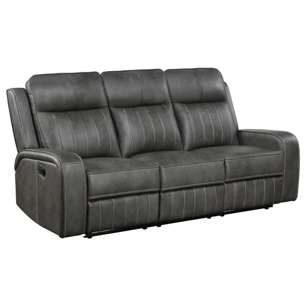 Merging the classic style of both contemporary and transitional design schemes, the motion sofa creates a dreamy venue for relaxing and entertaining. Choose a pleasing motion sofa covered in smooth grey leatherette upholstery with vertical topstitching ad