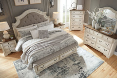 Traditional cottage design. Antiqued two-tone finish featuring chipped white cases with distressed wood finished tops. Tops feature Oak veneers, while the cases are made with engineered wood substrates and Poplar solids. Framed drawer fronts and overlay d