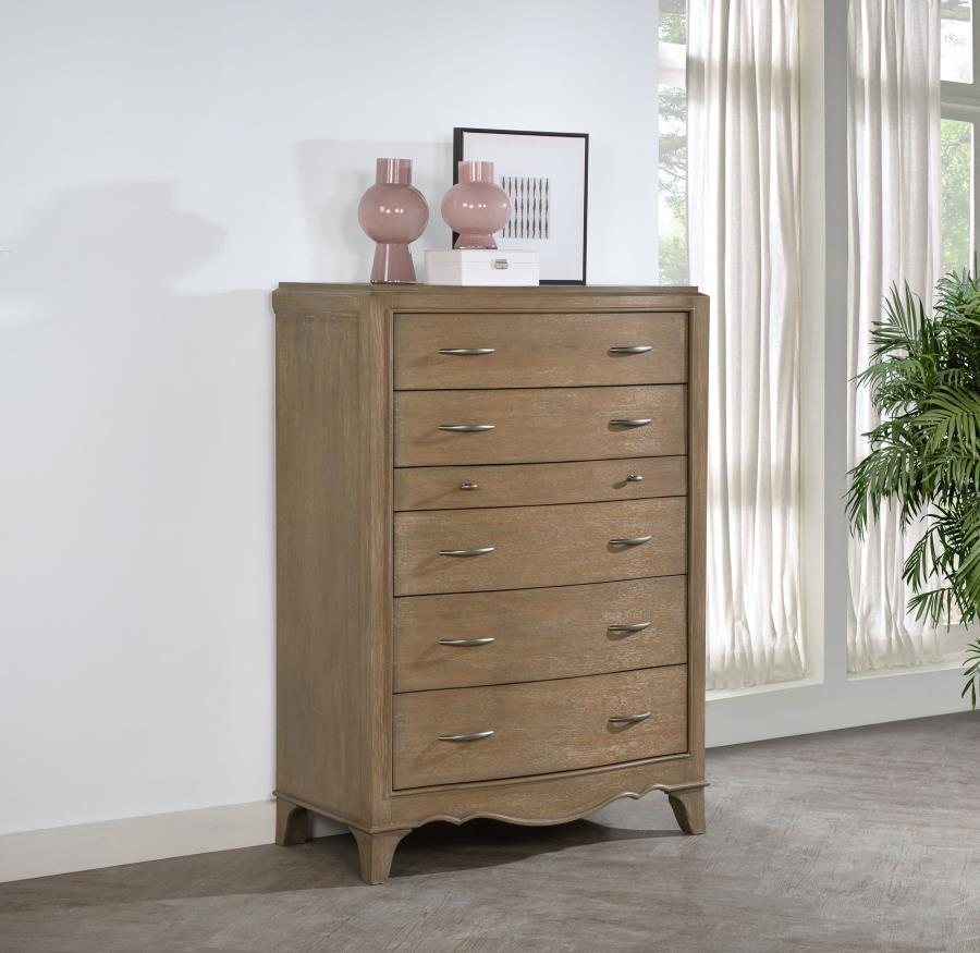 This French Provincial-inspired chest of drawers offers both timeless elegance and practical storage. Crafted from solid poplar, engineered wood, and mango veneer, it features a washed mango finish that enhances the natural wood grain. Five spacious drawe