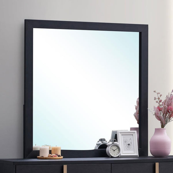  this dresser mirror creates a versatile look perfect for a modern bedroom ensemble. A rectangular silhouette makes its mark with both functionality and a chic yet basic design. Framing consists of MDF and melamine