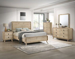 Create a serene and modern retreat with this thoughtfully designed bedroom collection, blending natural textures with contemporary charm. The centerpiece features a slatted headboard and footboard, highlighting a warm, wood-inspired finish that adds a sen