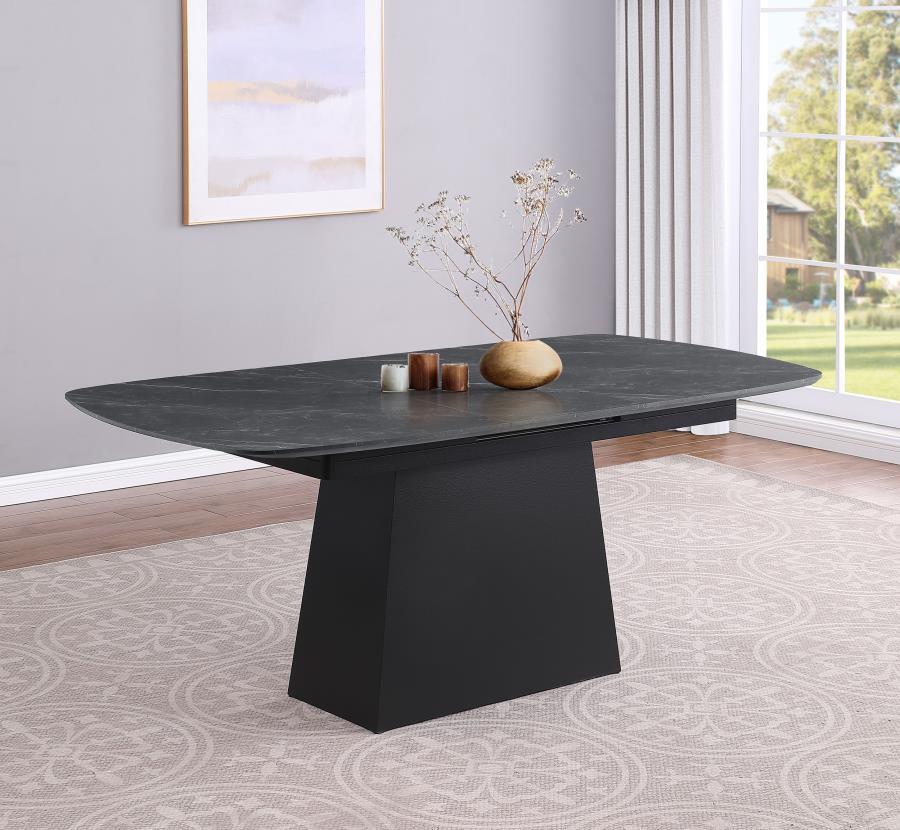 This modern dining table blends sleek aesthetics with functional versatility. The black marble-printed melamine tabletop offers a luxurious look while being scratch- and water-resistant for everyday durability. Its expandable design includes a 15. 75-inch