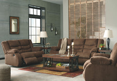 This reclining set puts the win in winning. Its waterfall back design and doubly plump pillow top arms team up with soft chenille fabric to go for the goal. Ample seating room makes the comfort possibilities endless. Sit back and relax. You wonâ€™t go wro