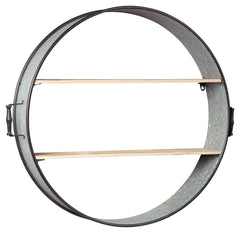 Create extra show-off space by hanging up this wall shelf. Its generously scaled barrel design with wooden shelves puts your decor on display with style. Galvanized metal adds an industrial feel to the look.<br><br><b>Additional Dimensions</b><br><ul><li>