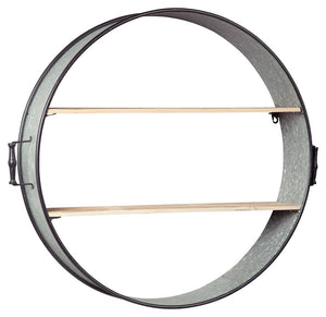 Create extra show-off space by hanging up this wall shelf. Its generously scaled barrel design with wooden shelves puts your decor on display with style. Galvanized metal adds an industrial feel to the look.<br><br><b>Additional Dimensions</b><br><ul><li>
