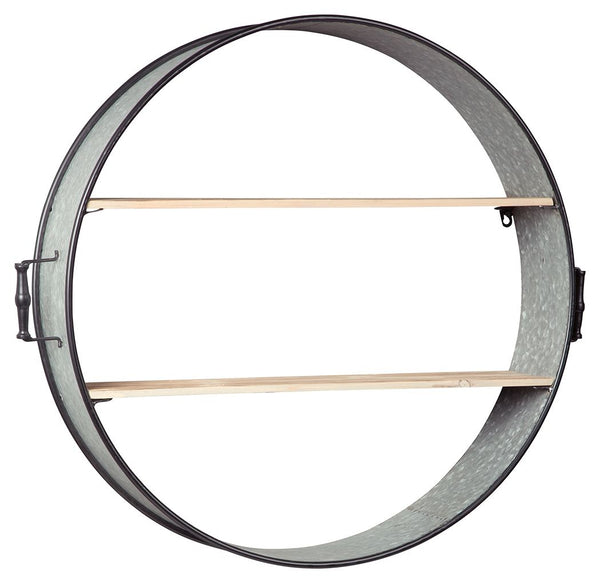 Create extra show-off space by hanging up this wall shelf. Its generously scaled barrel design with wooden shelves puts your decor on display with style. Galvanized metal adds an industrial feel to the look.<br><br><b>Additional Dimensions</b><br><ul><li>