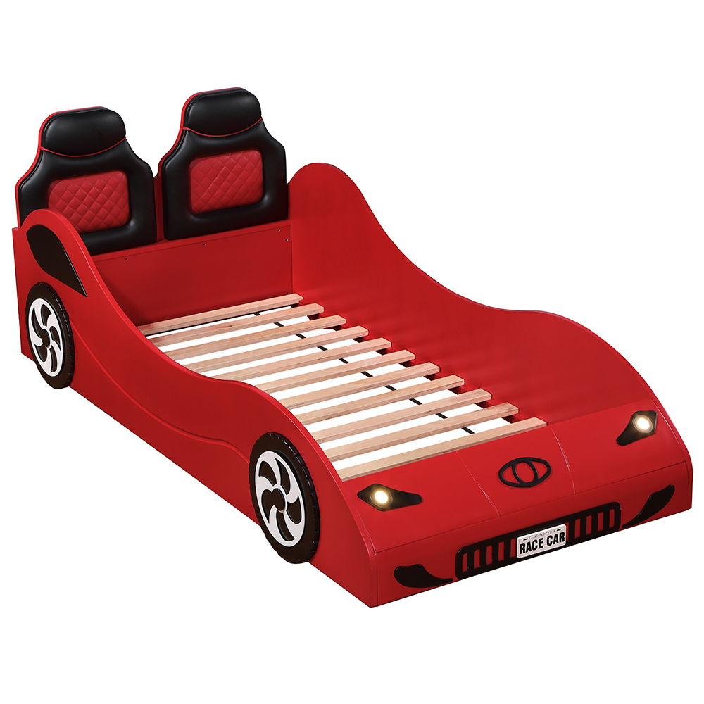 Raise up your child-'s imagination with the Colen collection car bed, available in sleek white and vibrant red finishes. Featuring a car seat style headboard with plush padding, this bed offers both comfort and style. The realistic wheel trim and LED ligh