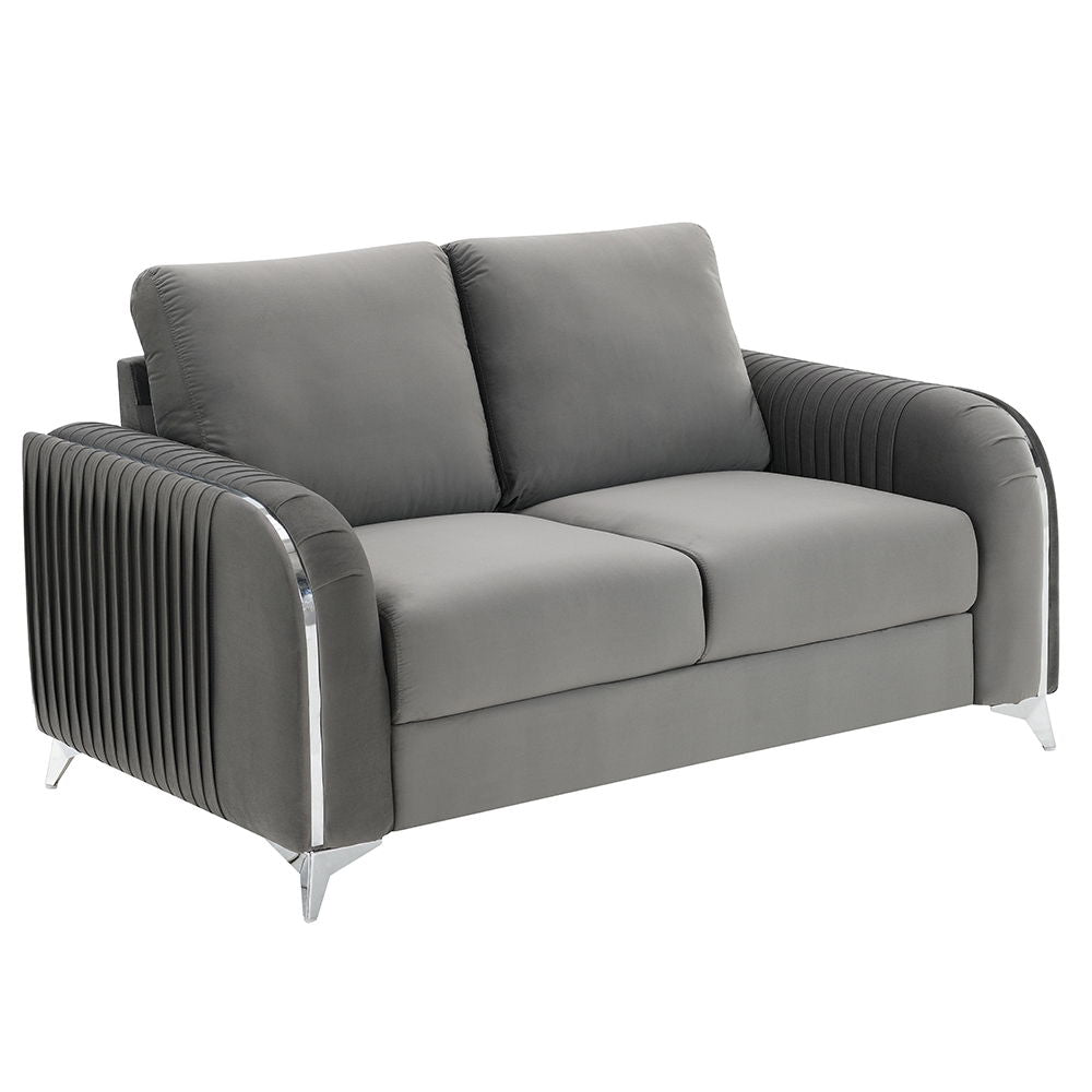 Make a bold statement with the Wenona blue velvet loveseat. The blue color of the velvet upholstery is a classic color that will provide a fun pop of color in any home. This loveseat is highlighted with polished chrome trim accents along the armrests and 