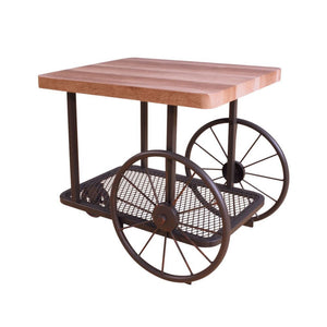 Get on board with the industrial style movement with the Francie occasional tables, it confirms you are hip by having this fun table in your living room. This table features a butcher block top and metal mesh lower shelf supported by wheels in the form of