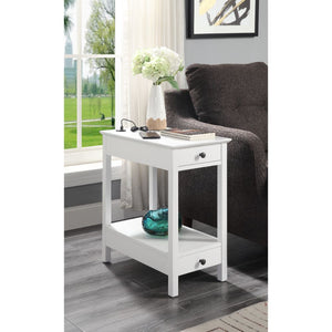  this Slayer side table is an asset in any living room. The rectangular table top includes a USB power dock so you can always stay connected. Featuring a drawer and two shelves