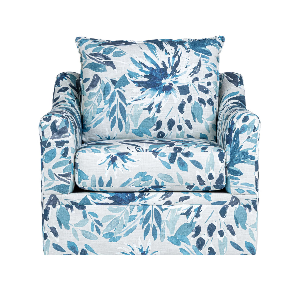 The Sylvie Swivel Armchair blends casual charm with elegant floral print upholstery. Flared arms, plush 1.9 density cushions, and a cozy pillow back offer comfort and support. A swivel base adds easy movement. Built to last in the USA with durable wood fr