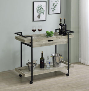  the cart offers plenty of space for both storage and prep with a tray-style top and shelf