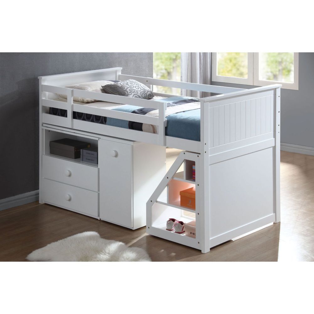 Designed to save space, this twin with storage ladder is a perfect solution for your children-'s bedroom. The piece carries a rich white finish and offers durability as well as relaxed style. The guard rails provide safety, while the ladder allows easy-ac